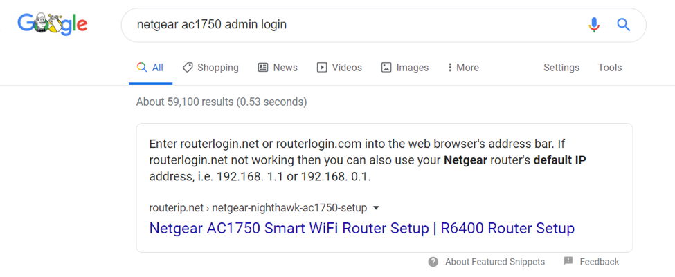 Google screenshot of search for netgear router login info