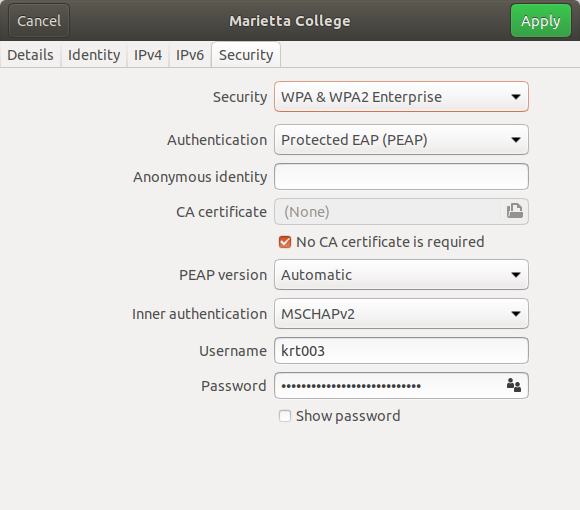 Set Authentication to PEAP and set Inner Authentication to MSCHAPv2.